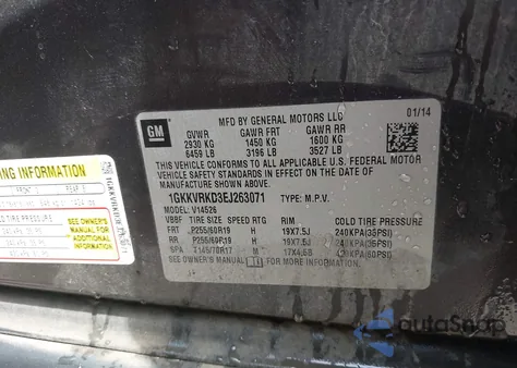 2014 GMC Acadia Slt-1 z USA, uszkodzony, nr VIN 1GKKVRKD3EJ263071